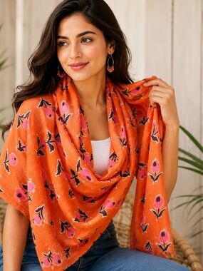 Gap Orange Floral Lightweight Scarf Wrap Shawl Boho Spring Summer #1281